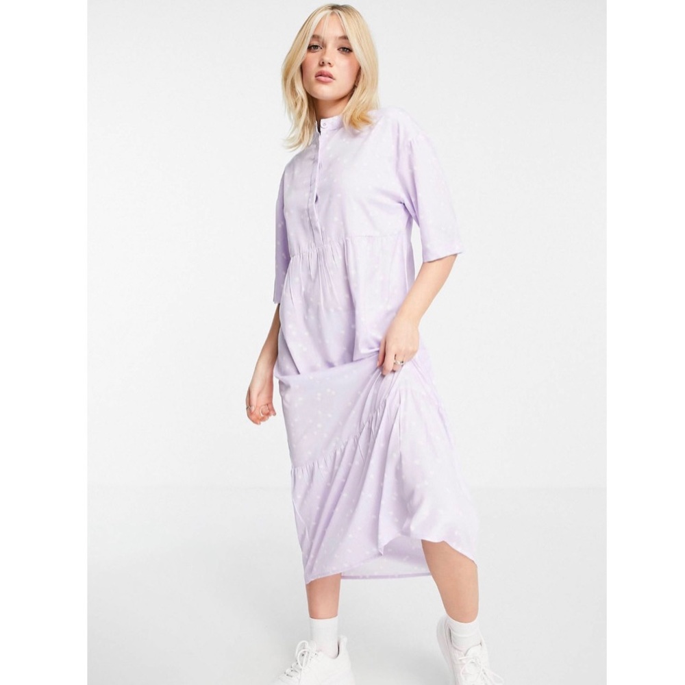 Wednesday's Girl relaxed midi smock dress with peplum hem in spot print (size:M)